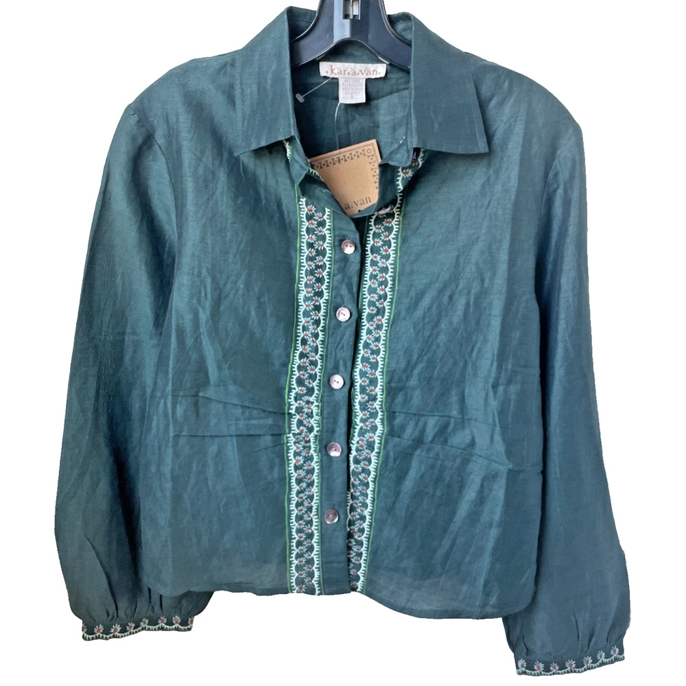Folk Linen Blend Blouse S Green Embroidered Button Top Boho Cottagecore Romantic